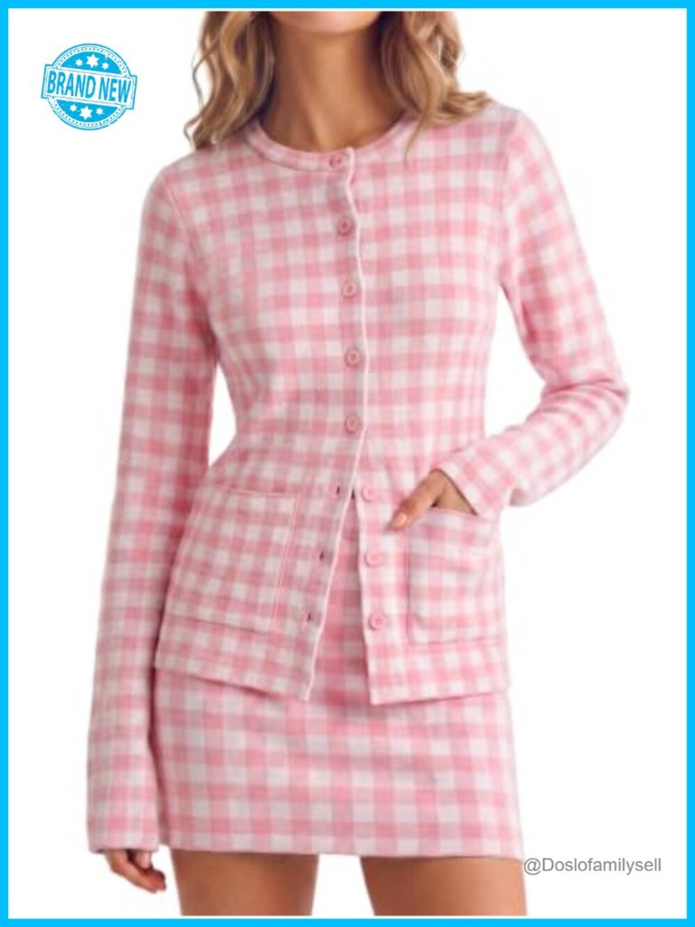 Womens 2 Piece Gingham Knit Cardigan & Bodycon Mini Skirt Set
